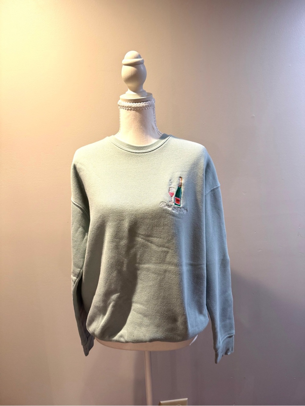 Kiel James Patrick Light Sage Crewneck Sweater with Embroidered Bottle Detail
